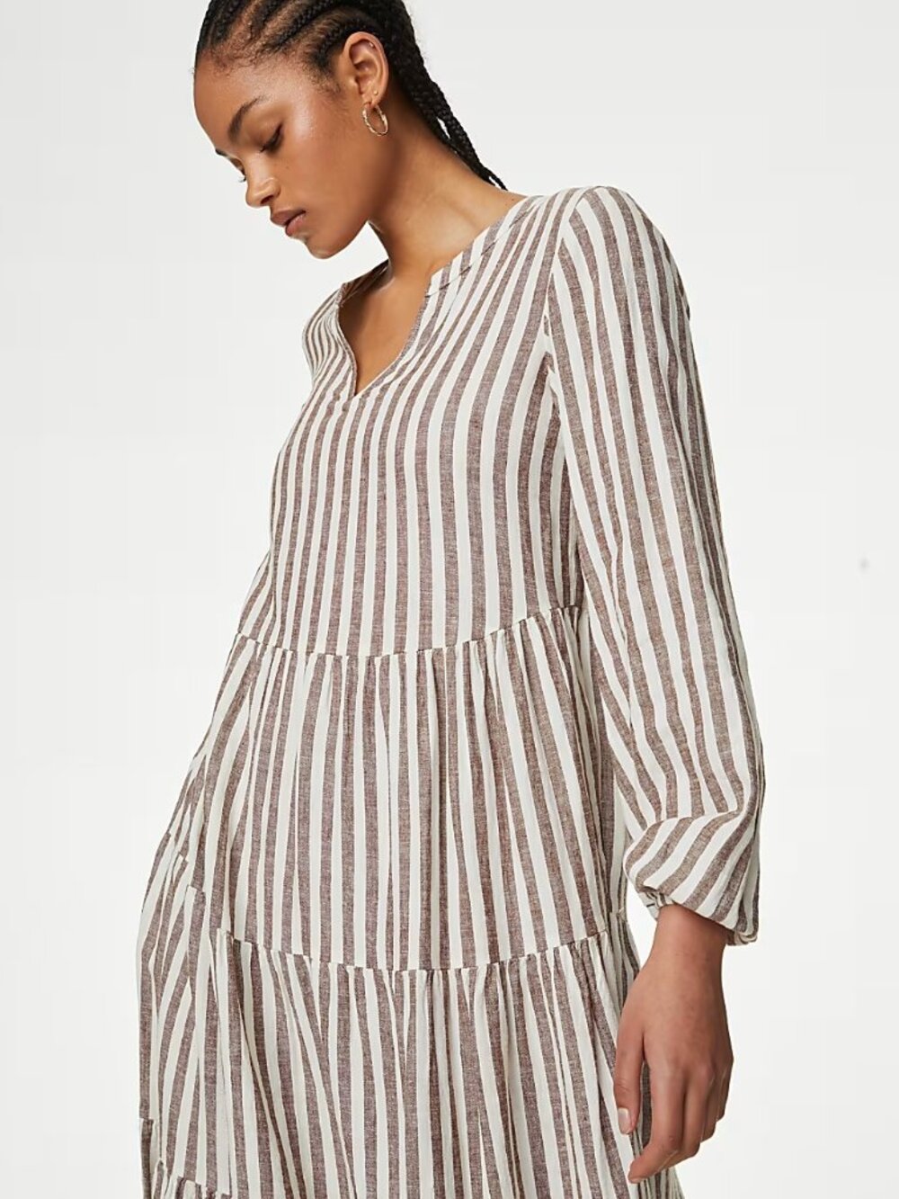 Marks & Spencer Linen Rich Striped V-Neck Midaxi Tiered Dress - Picture 4 of 8